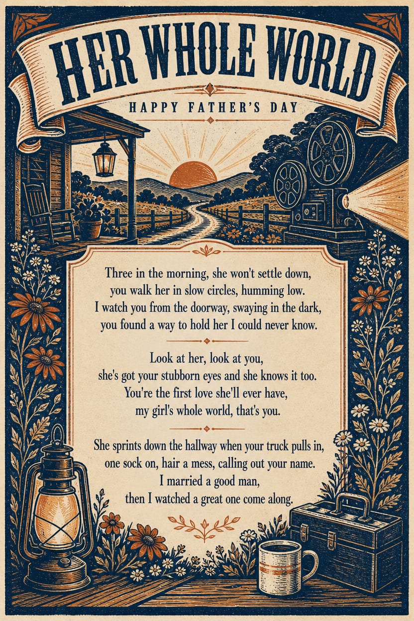 Her Whole World, a letterpress Father's Day lyric card — the song's lyrics set in type with a small porch-light motif