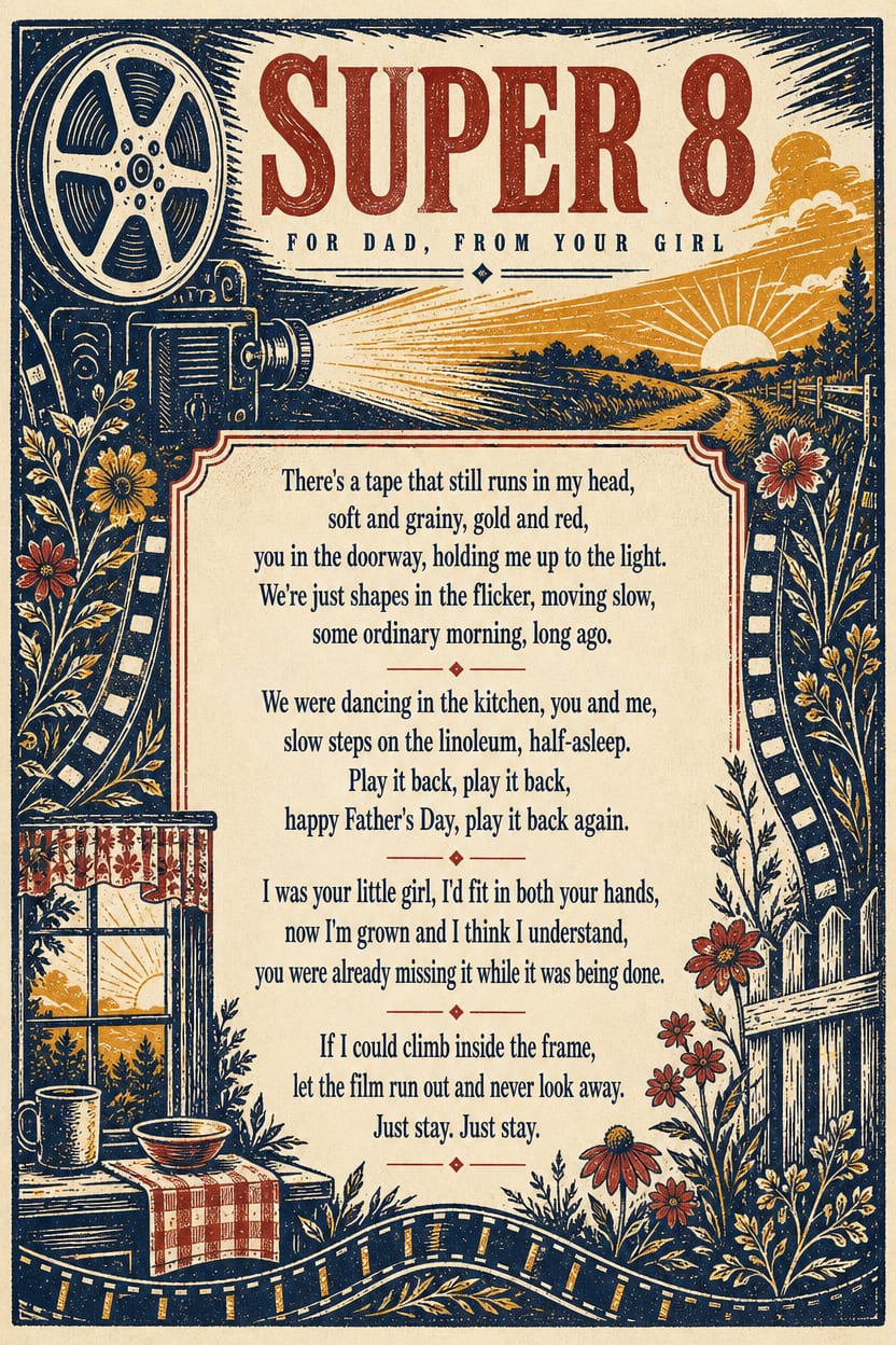 Super 8, a letterpress lyric card for Dad from his daughter — the song's lyrics set in type with a small film-strip motif